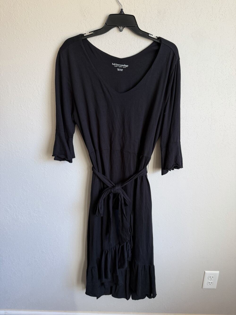 Soft Surroundings Black Ruffled Faux Wrap Belted Knee Length Dress Womens LP